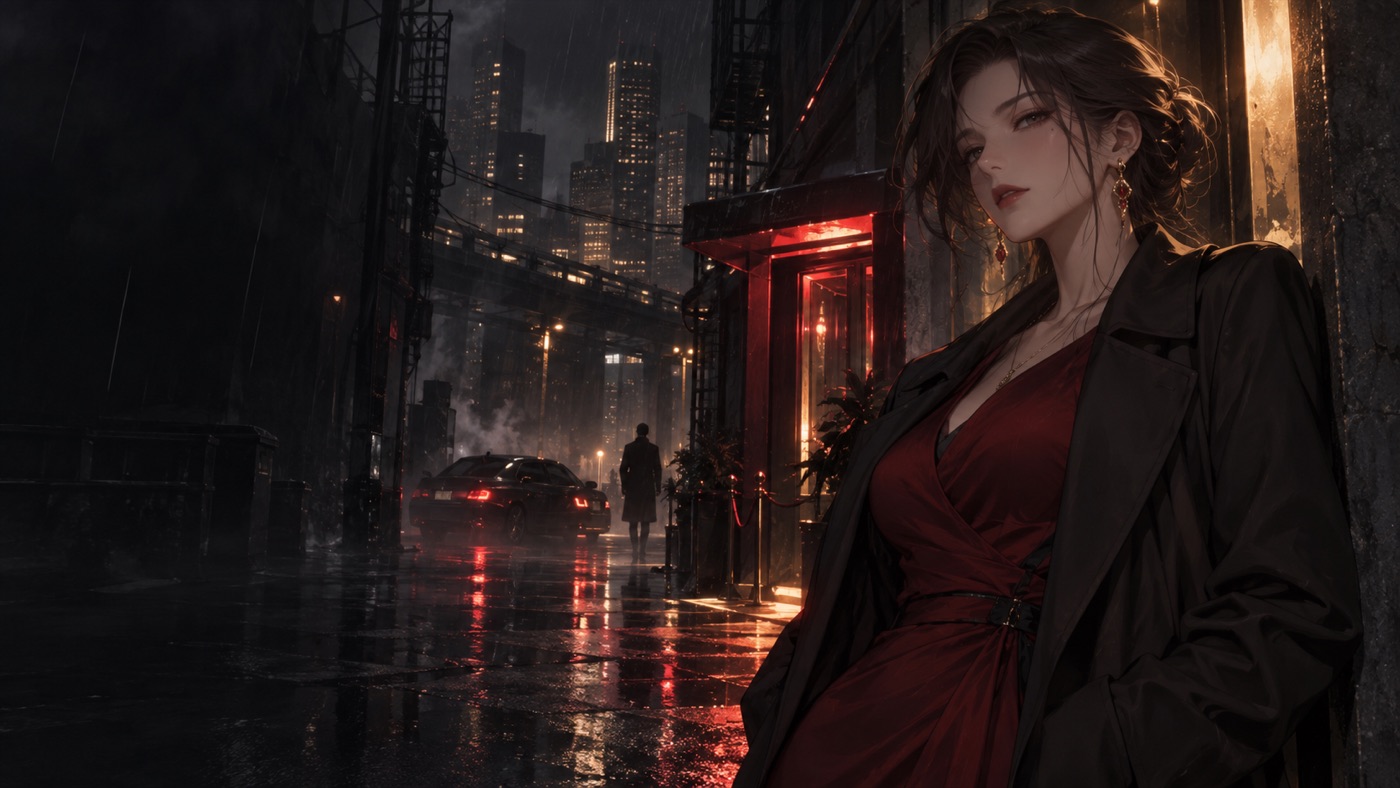雨夜都市中的成年游戏女主角插画